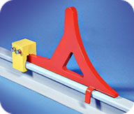 4016-20 Crane Stops 
Non-Slide Wheel Contact Crane Stop
Use wherever below rail head clearance is minimal and where a non-sliding crane stop is needed. Wedge dogs lock wedge to rail head and do not interfere with hook bolts. On impact, stops slide only marginally or not at al