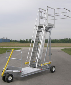 MLP-16-HCP Mobile Loading Platform 
16' Truck Mobile Loading Platform - Parallel Hopper Car Access
Rolling Base 4' x 6' with 4-16" pneumatic tires
3 Rail 8' x 8' x 42" Aluminum Safety Cage
Adjustable stair12'-0" to 16'-0"